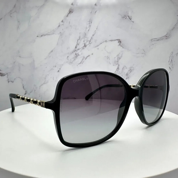 CHANEL Sunglasses Black Gold Chain Arms Interlocking CC Logo Acetate Square New - Picture 4 of 16